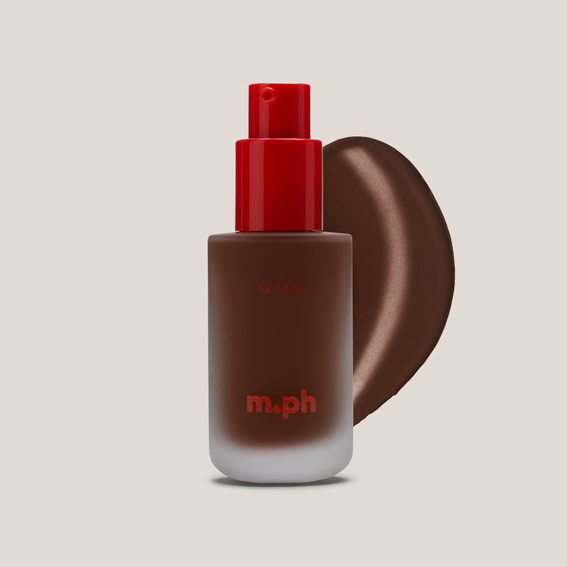 m.ph Le Skin weightless foundation bottle with red pump cap and deep ebony swatch