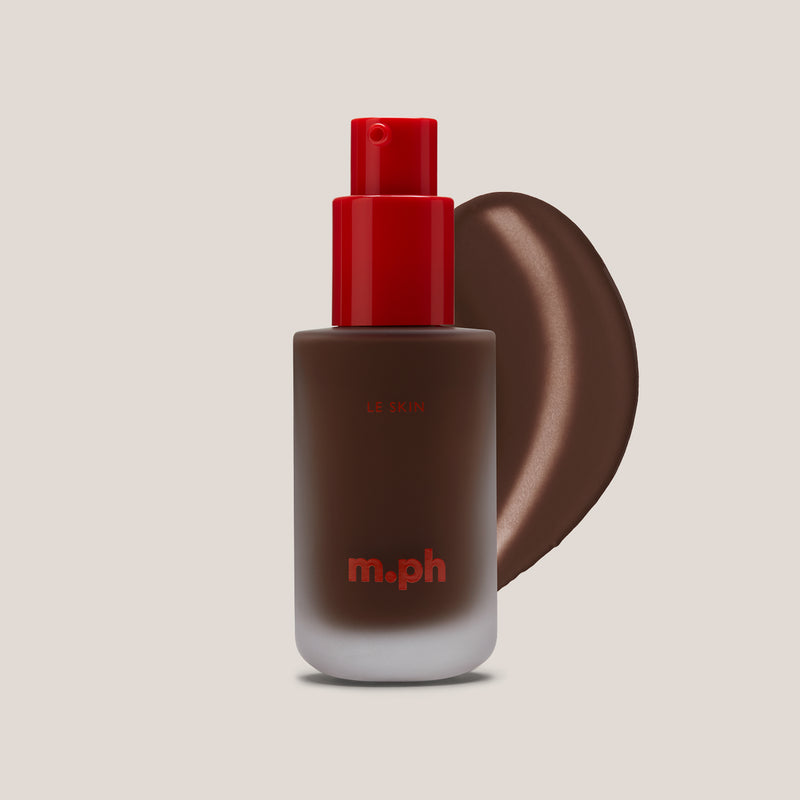 m.ph Le Skin professional foundation bottle with red pump cap and dark cacao swatch