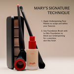 M.PH Underpainting Face Palette, Le Skin Foundation, and foundation brush arranged together showing Mary Phillips signature technique steps.