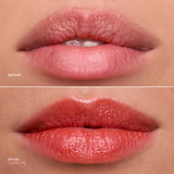 Before and after comparison of lips with a lipstick shade labeled 'Cherry Pie'.