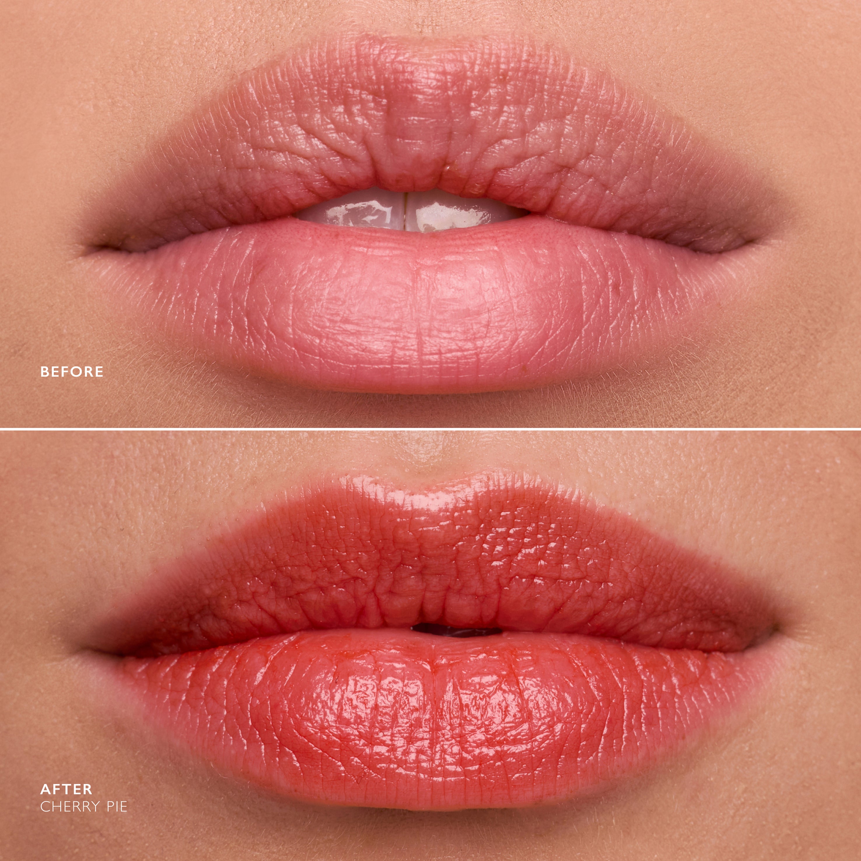 Before and after comparison of lips with a lipstick shade labeled 'Cherry Pie'.