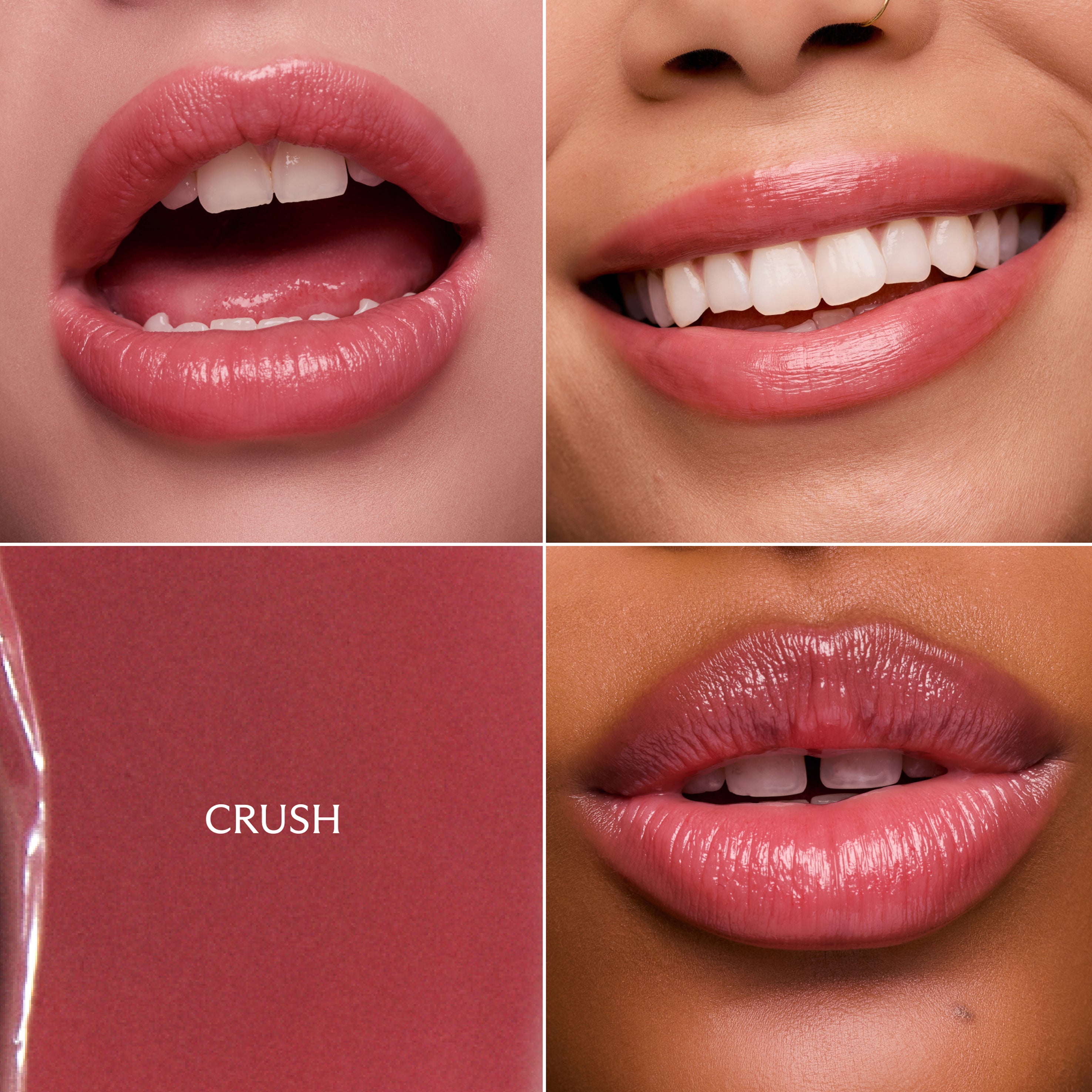 Collage of close-up images of lips with a color swatch labeled 'CRUSH'.