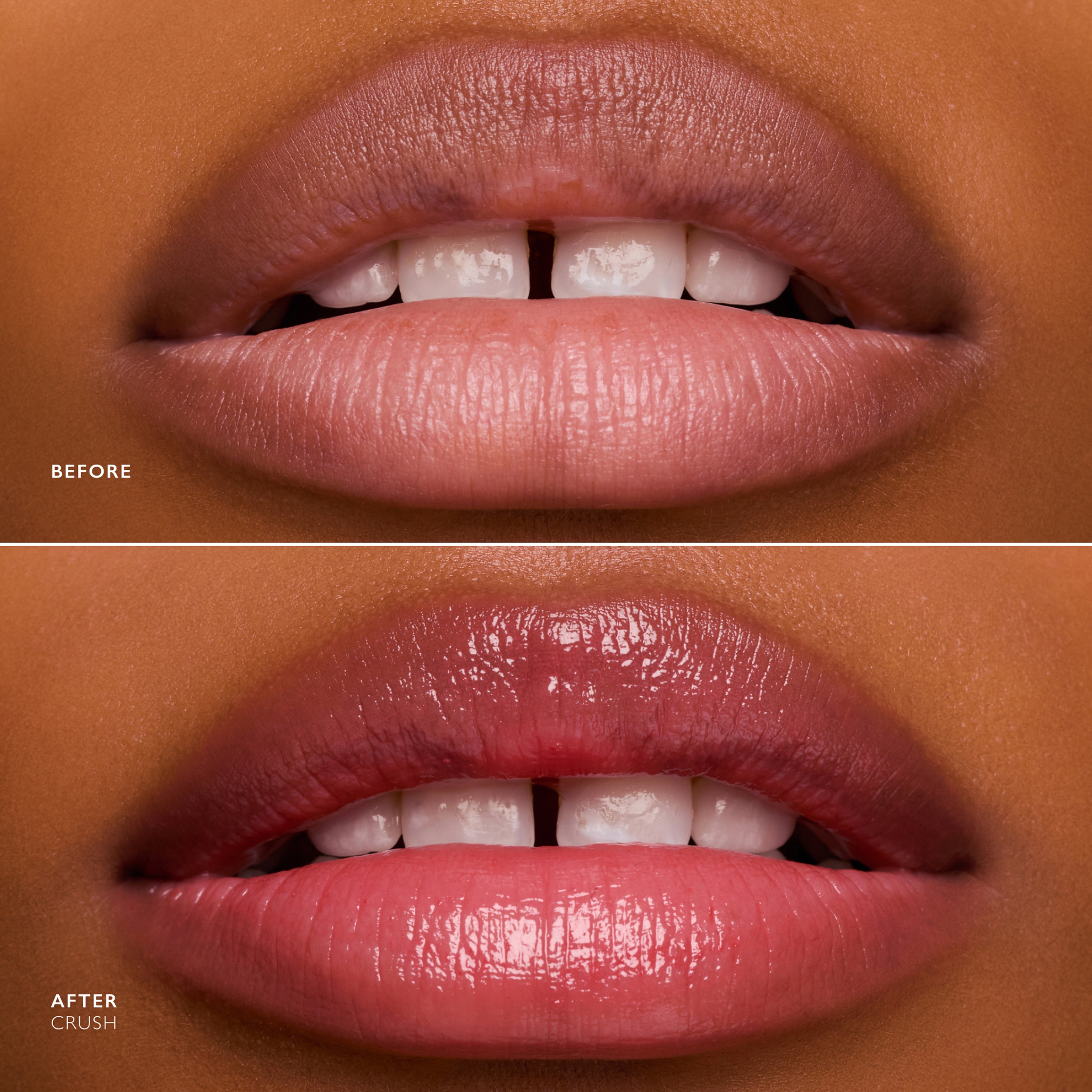 Before and after comparison of lips with a lipstick product application.