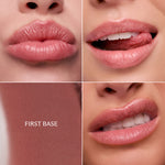Close-up of lips with 'First Base' color swatch