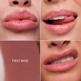 Close-up of lips with 'First Base' color swatch
