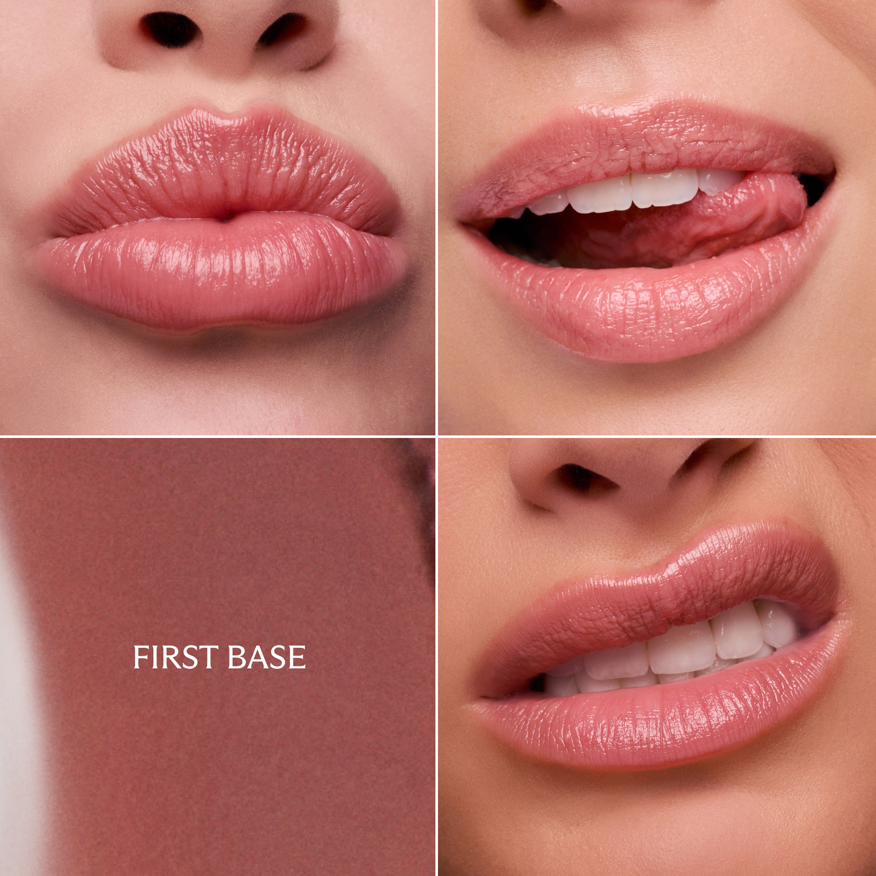 Close-up of lips with 'First Base' color swatch