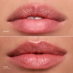 Before and after comparison of lips with a lip product application.