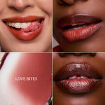 Collage of four lip swatches with 'LOVE BITES' text on a neutral background