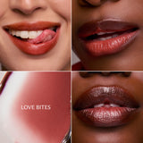Collage of four lip swatches with 'LOVE BITES' text on a neutral background