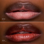 Before and after comparison of lips with a lipstick product.