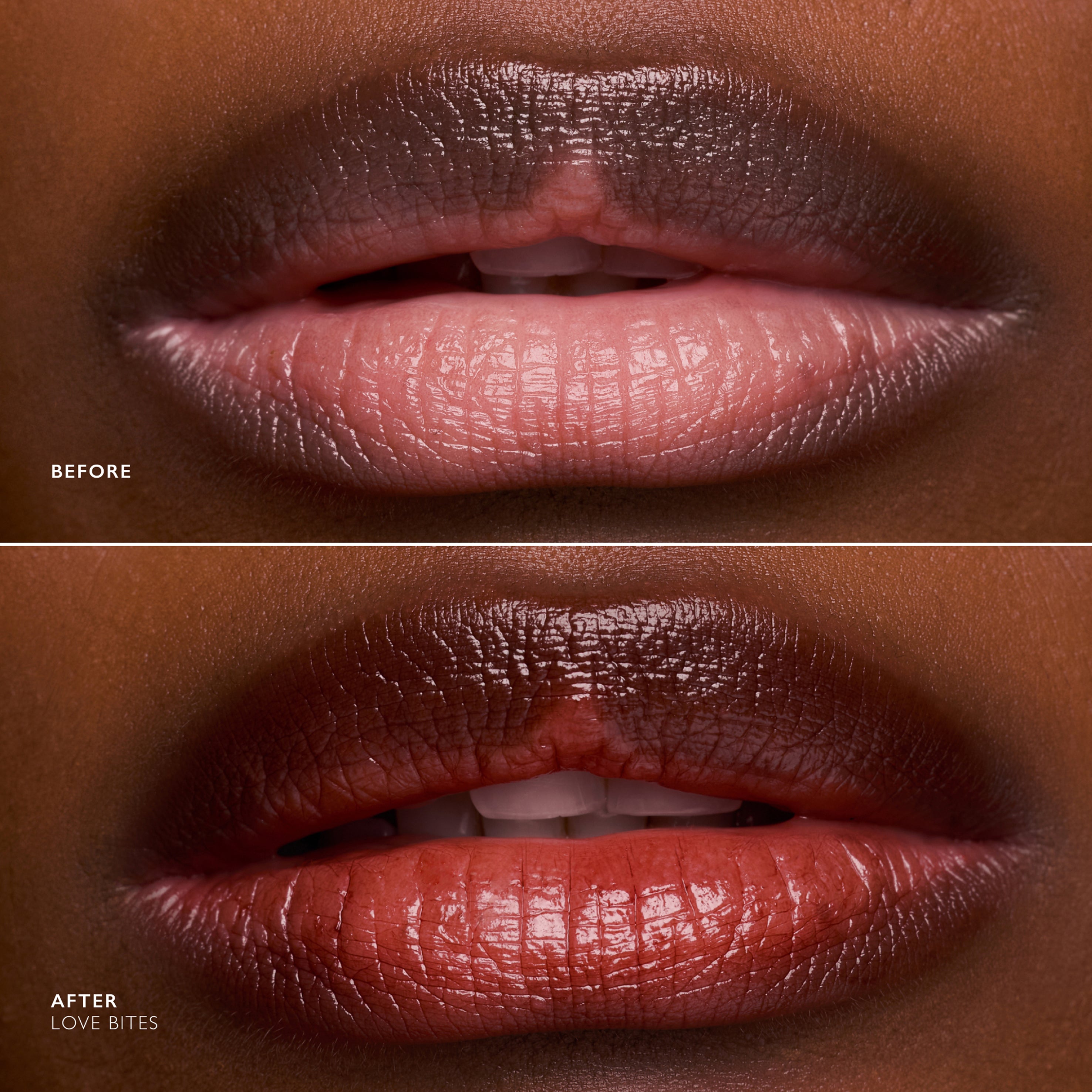 Before and after comparison of lips with a lipstick product.