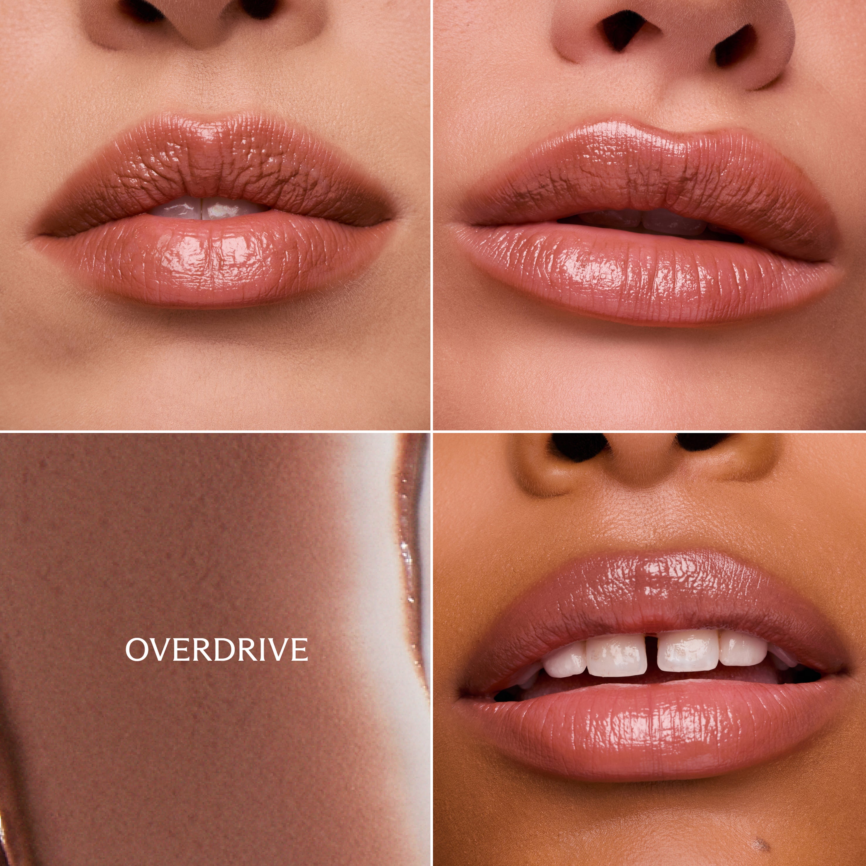 Close-up of lips with a 'Overdrive' label on the product swatch.