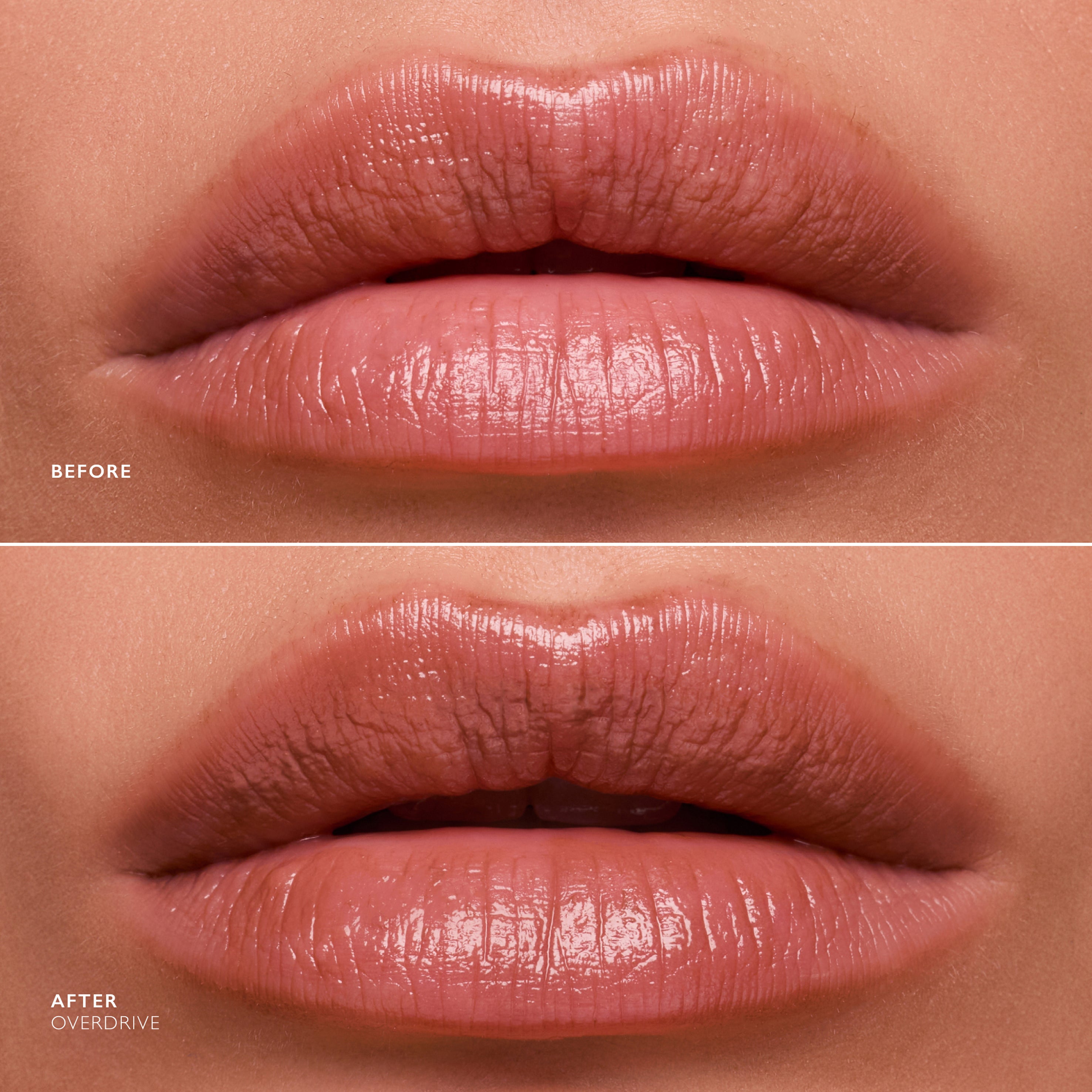 Before and after comparison of lips with a cosmetic product application.