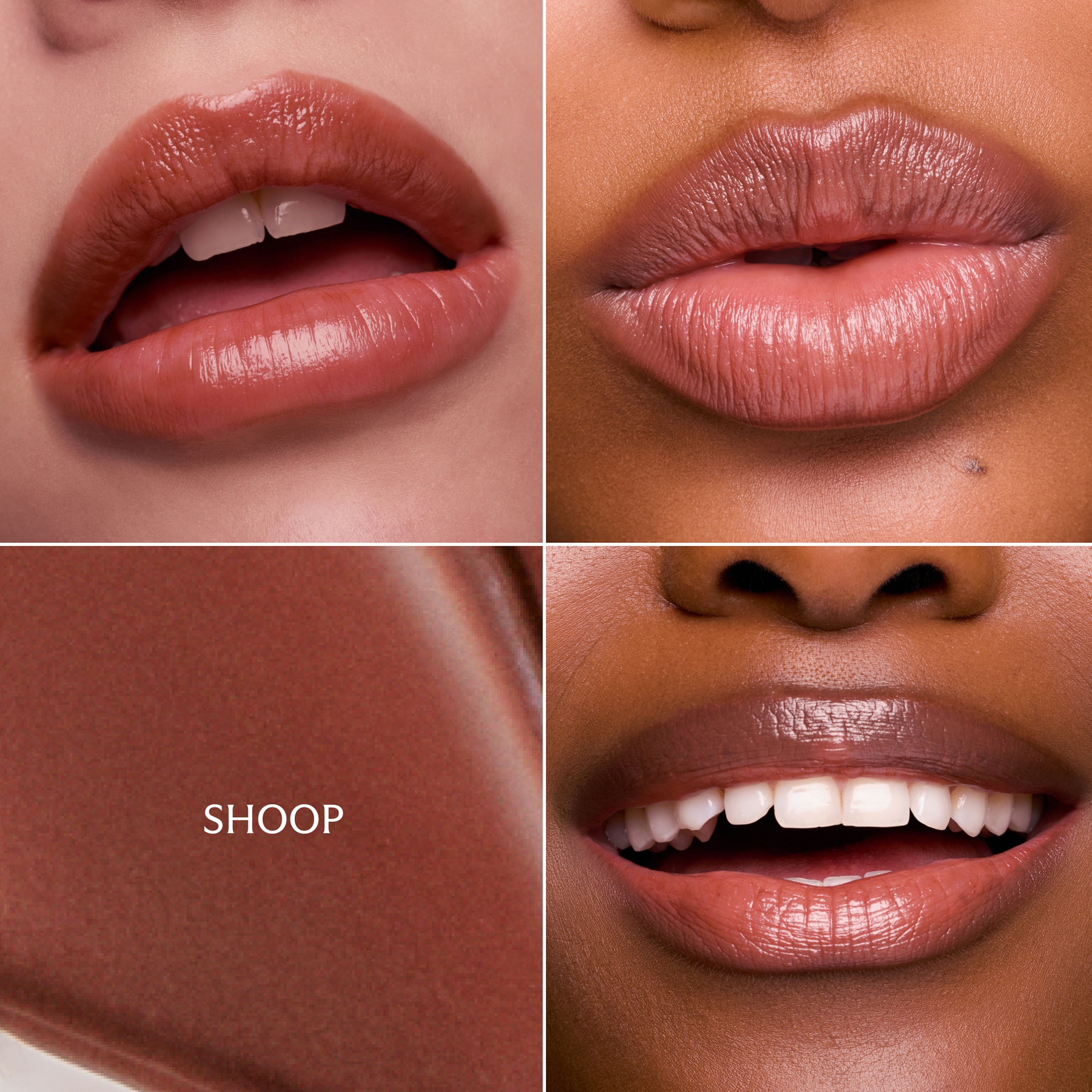 Collage of close-up images of lips with colored swatch labeled 'SHOOP"