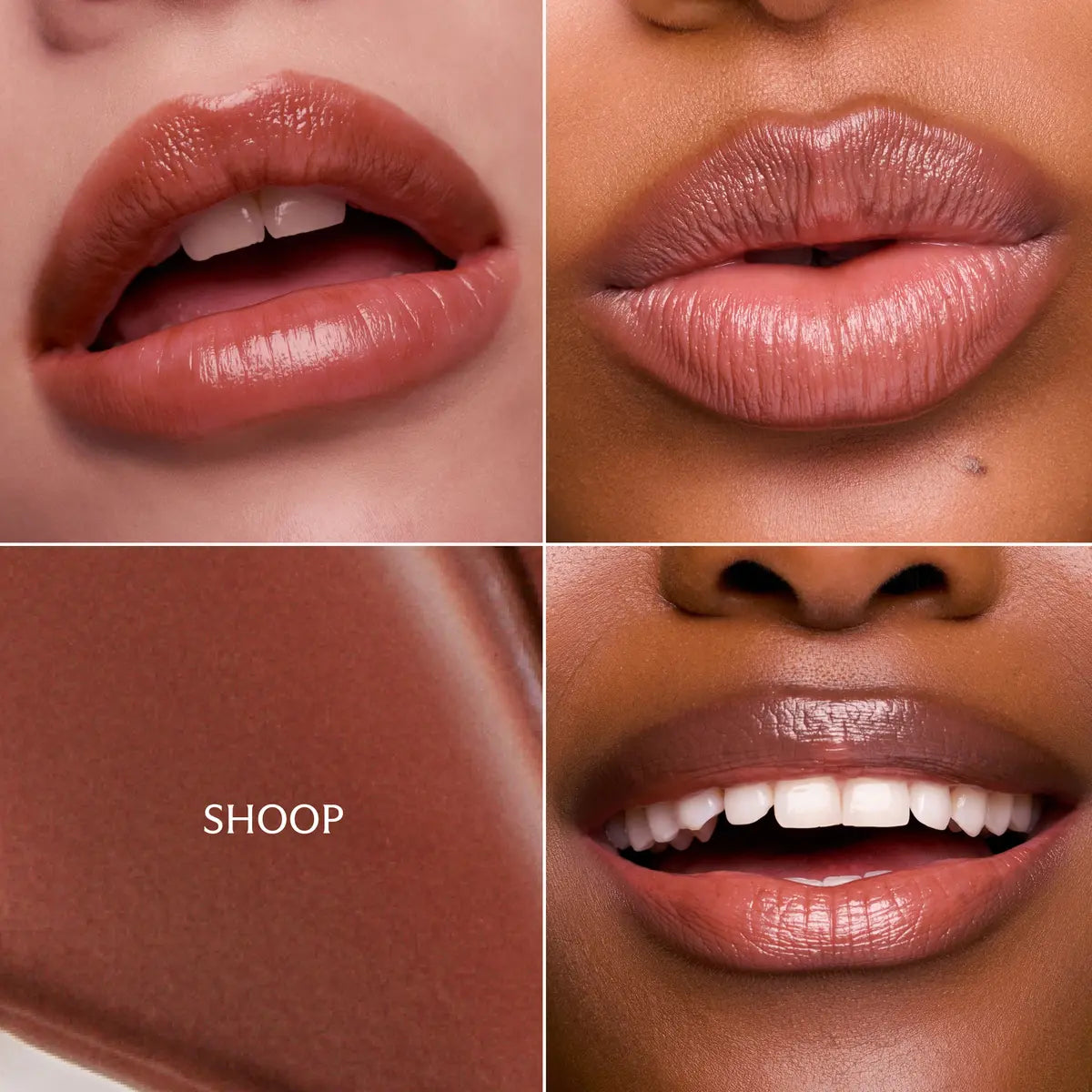 Lip Ciggy in Shoop swatched on three skin tones, showing sheer glossy nude-brown color.