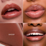 Lip Ciggy in Shoop swatched on three skin tones, showing sheer glossy nude-brown color.