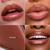 Lip Ciggy in Shoop swatched on three skin tones, showing sheer glossy nude-brown color.