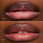 Before and after close-up of lips wearing Lip Ciggy in Shoop, sheer glossy nude shade.