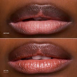 Before and after close-up of lips wearing Lip Ciggy in Shoop, sheer glossy nude shade.