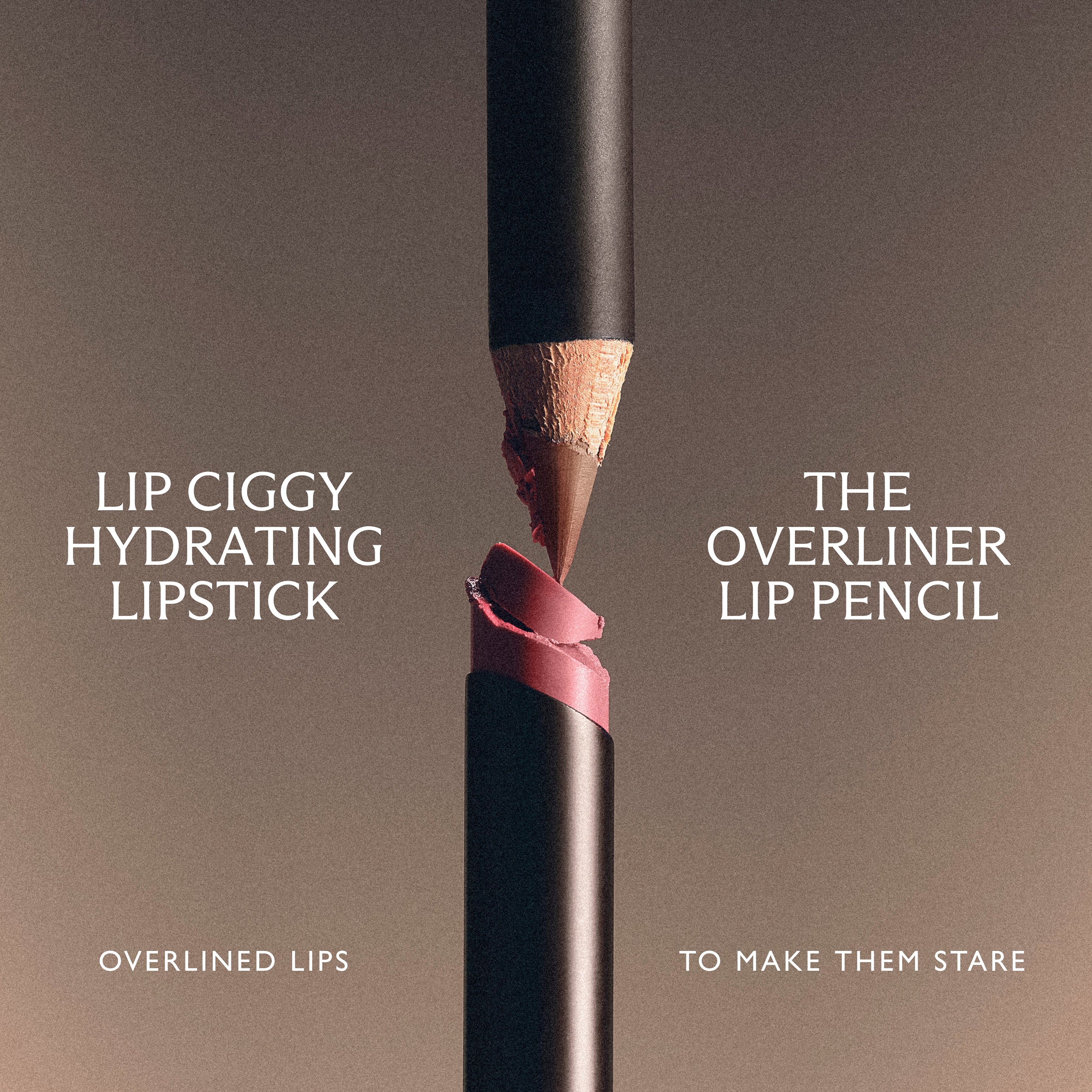 Lipstick and lip pencil with text on a brown background