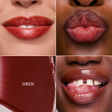 Collage of four lip images with product swatch labeled 'Siren'.