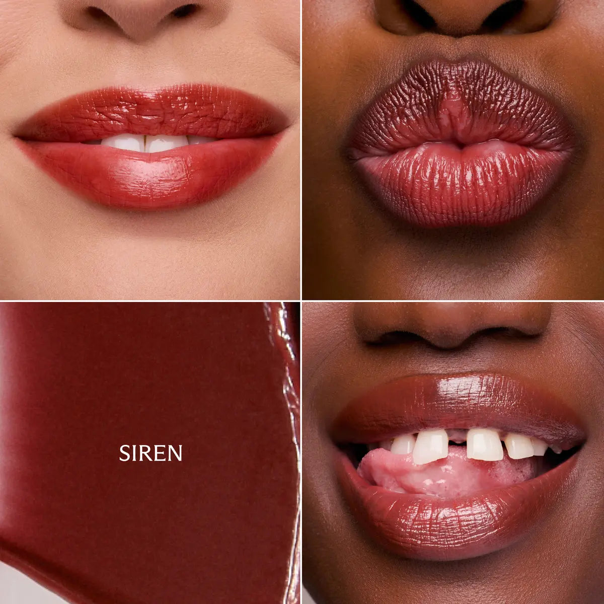 Lip Ciggy in Siren, a sheer red shade shown swatched on three skin tones.
