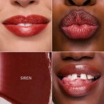 Lip Ciggy in Siren, a sheer red shade shown swatched on three skin tones.