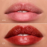 Before and after comparison of lips with a red lipstick shade on a beige background.