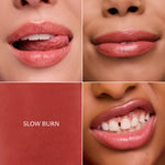 Lipstick shades on a model's lips with 'Slow Burn' color swatch.