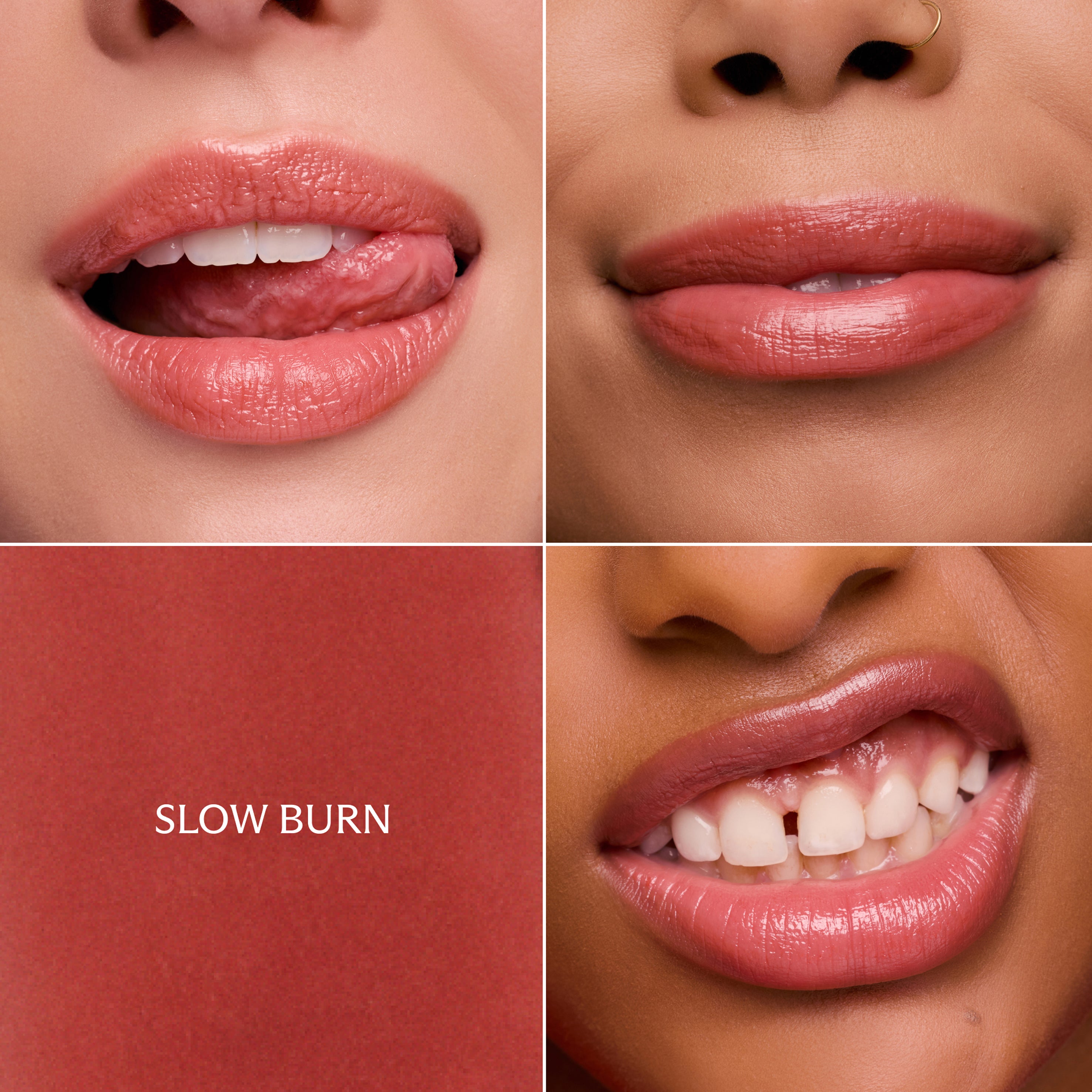 Lipstick shades on a model's lips with 'Slow Burn' color swatch.