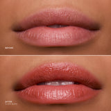 Before and after comparison of lips with a glossy lip product on a brown background.