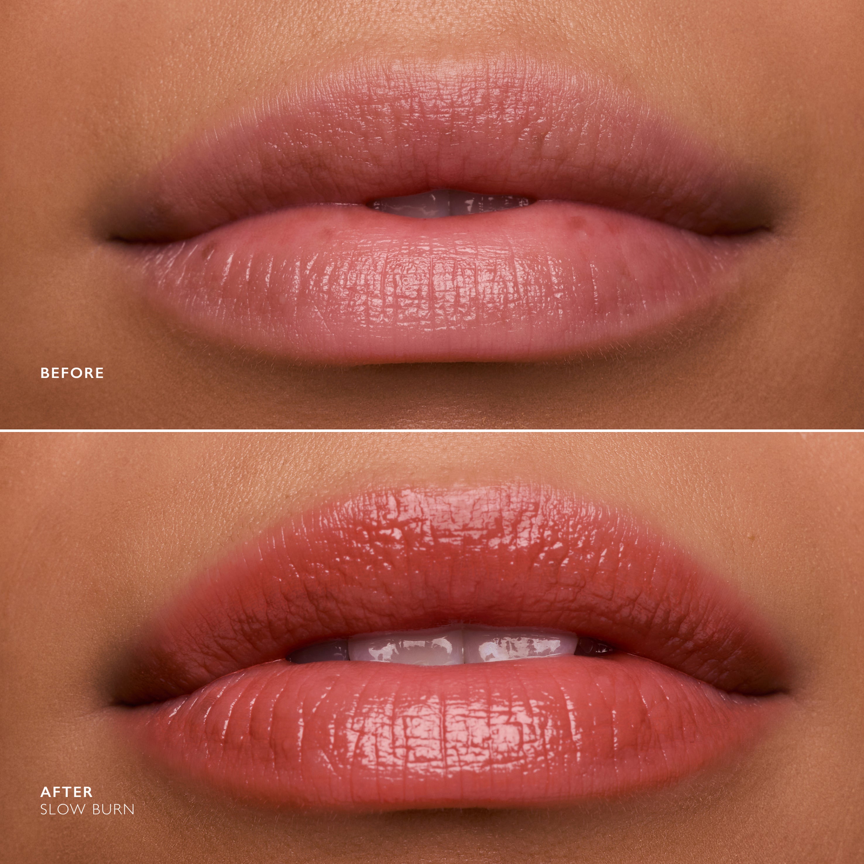 Before and after comparison of lips with a glossy lip product on a brown background.