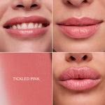 Collage of a woman's lips with 'Tickled Pink' lipstick swatch.