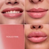 Collage of a woman's lips with 'Tickled Pink' lipstick swatch.