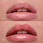 Before and after comparison of lips with Tickled Pink lipstick application.