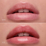 Before and after comparison of lips with Tickled Pink lipstick application.