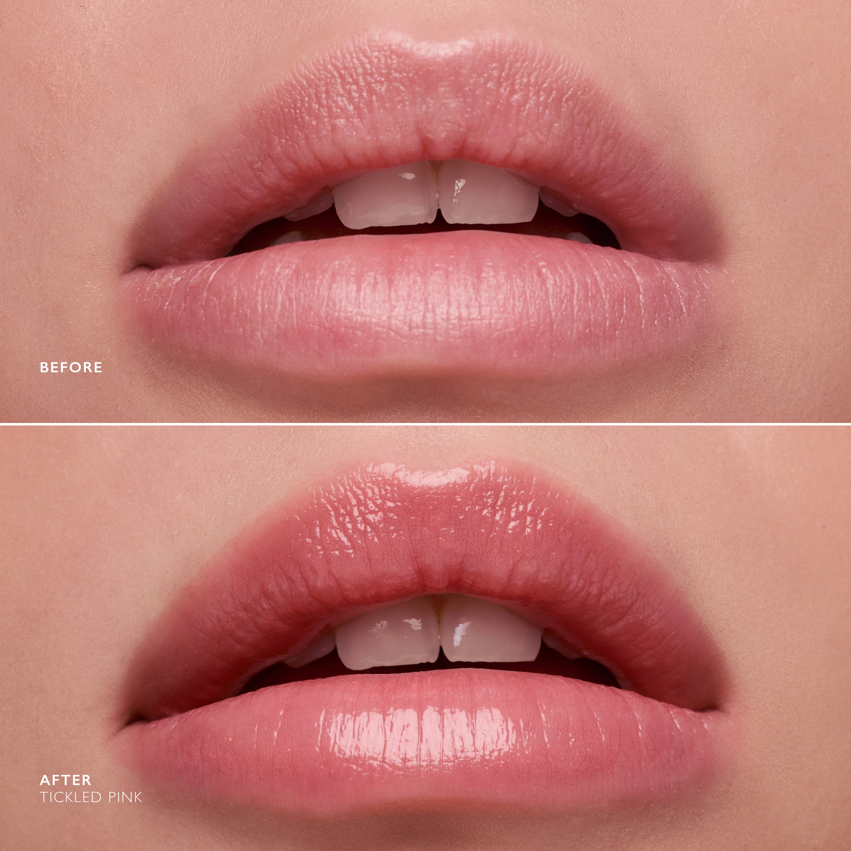 Before and after comparison of lips with Tickled Pink lipstick application.