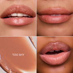 Images of lipstick on lips with 'Too Shy' on color swatch.