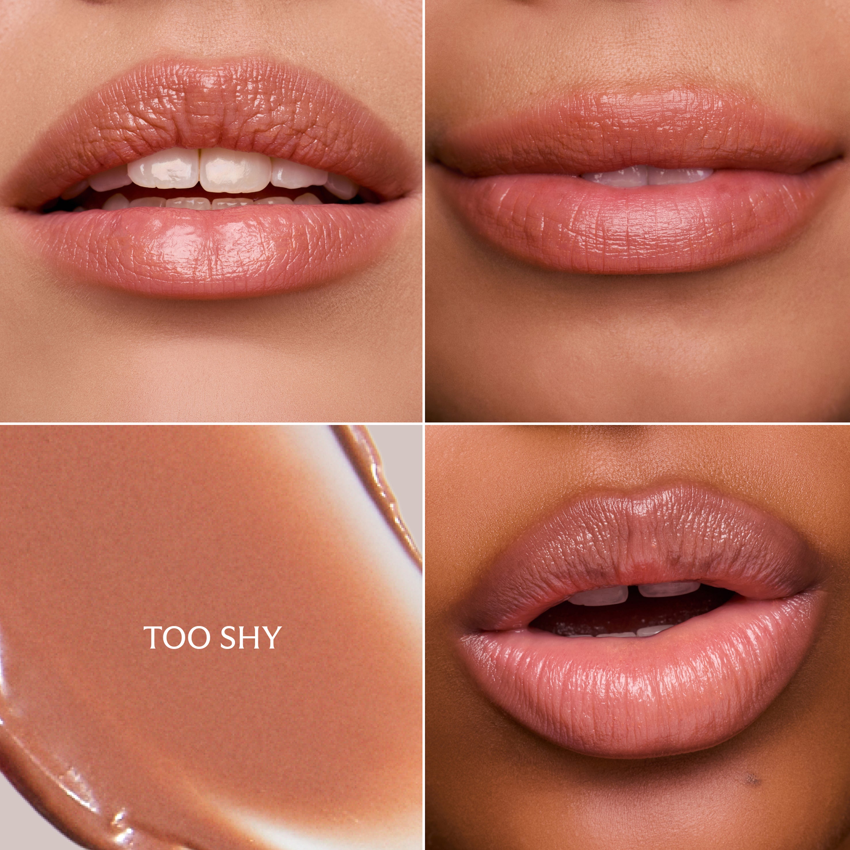 Images of lipstick on lips with 'Too Shy' on color swatch.