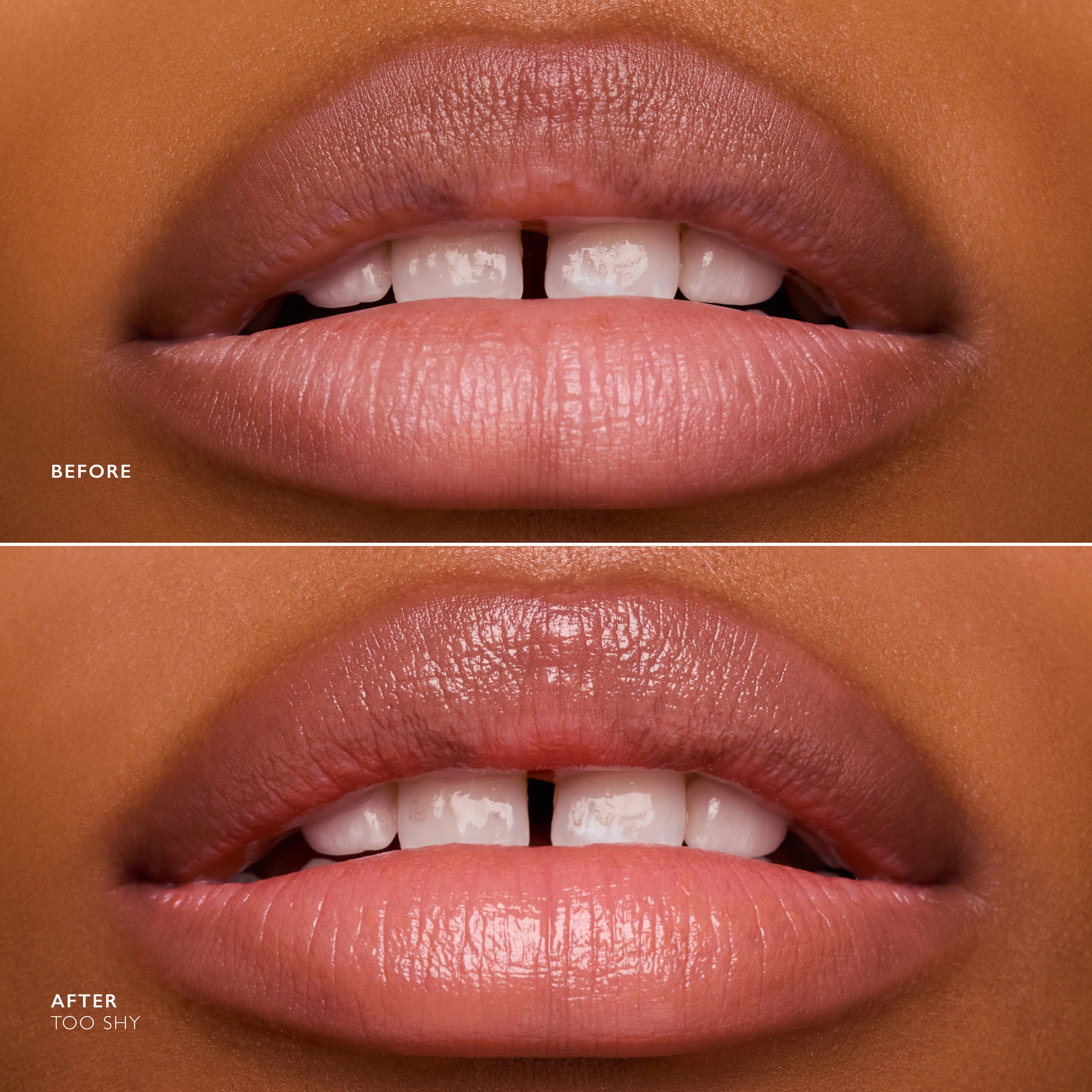 Before and after comparison of lips with a lip product application.