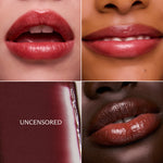 Close-up of lips with different images and color swatch labeled 'Uncensored'.