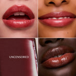 Lip Ciggy in Uncensored swatched across three skin tones with glossy product texture.