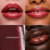Lip Ciggy in Uncensored swatched across three skin tones with glossy product texture.
