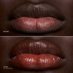 Before and after comparison of lips with a dark brown lipstick.