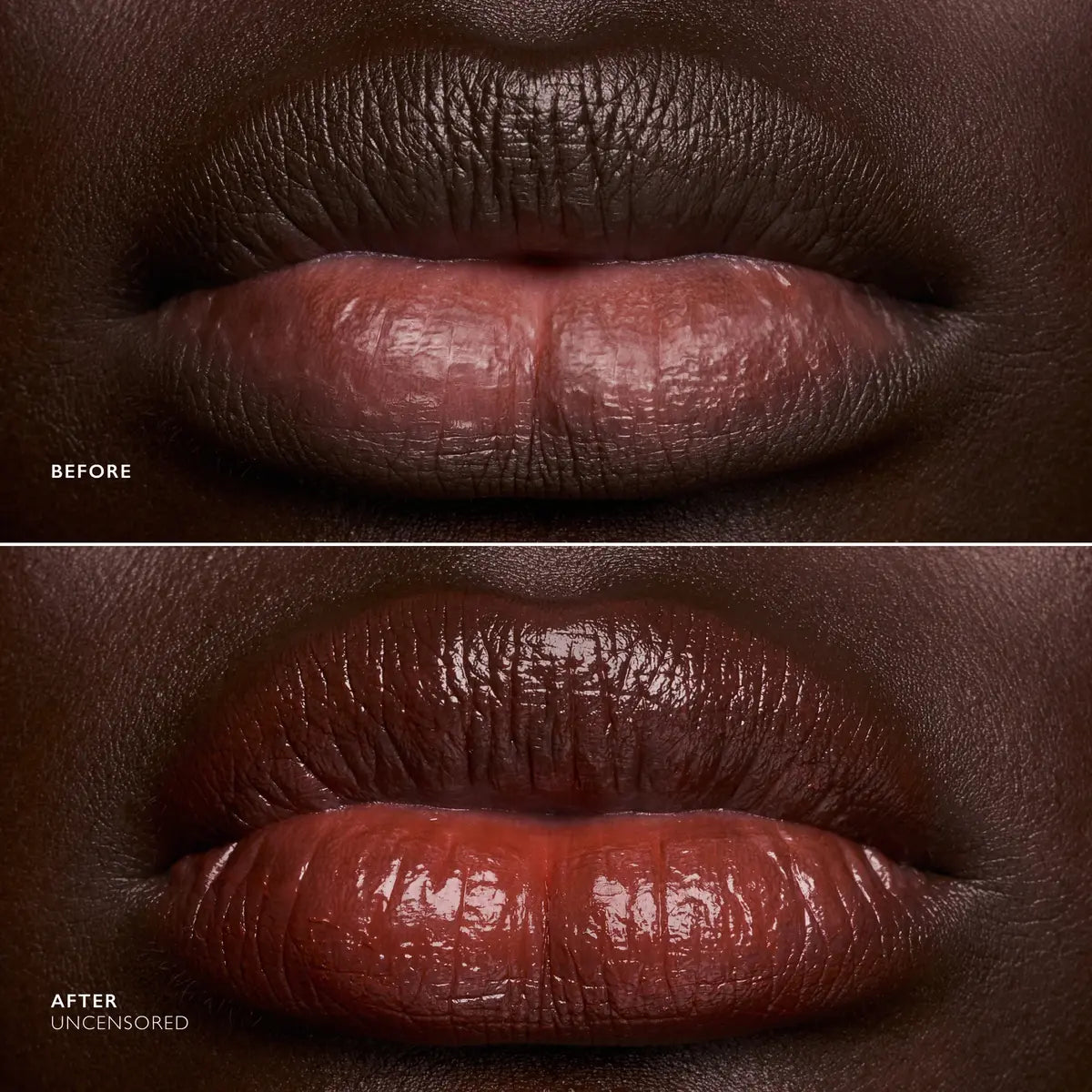 Before and after lips wearing Uncensored, a sheer glossy ph lipstick in warm red.