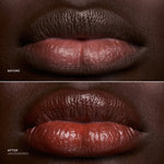 Before and after lips wearing Uncensored, a sheer glossy ph lipstick in warm red.