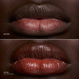 Before and after lips wearing Uncensored, a sheer glossy ph lipstick in warm red.
