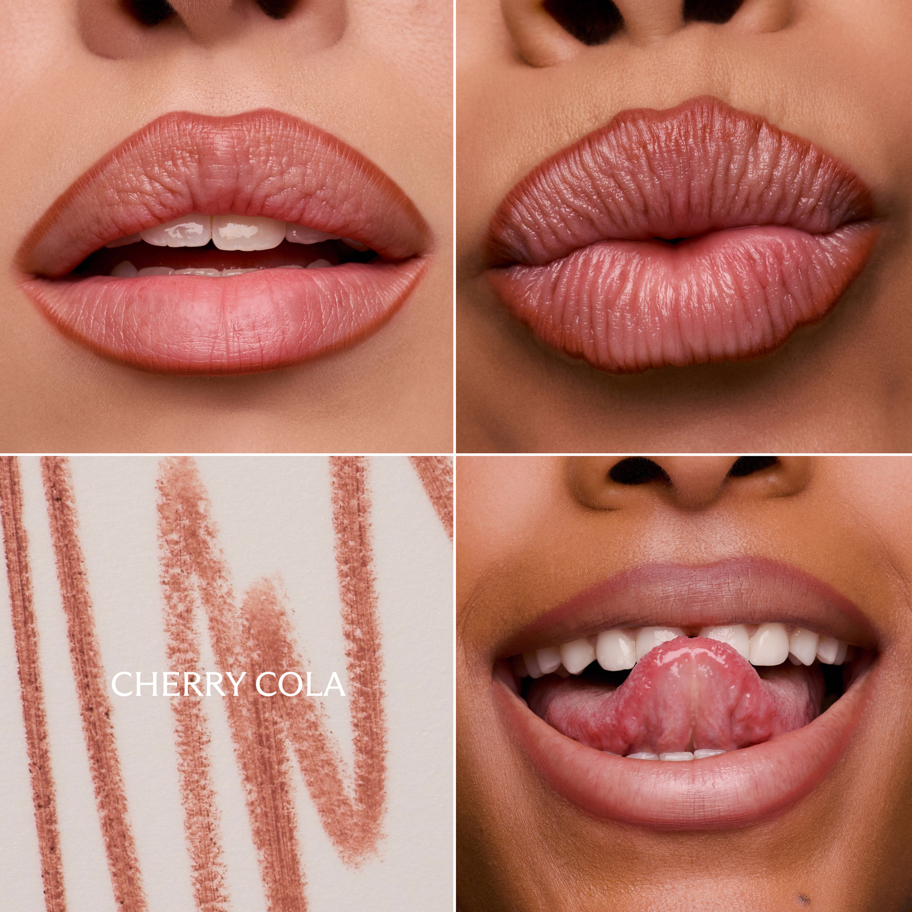 Close-up of lips with 'Cherry Cola' lipstick, showing texture and color.
