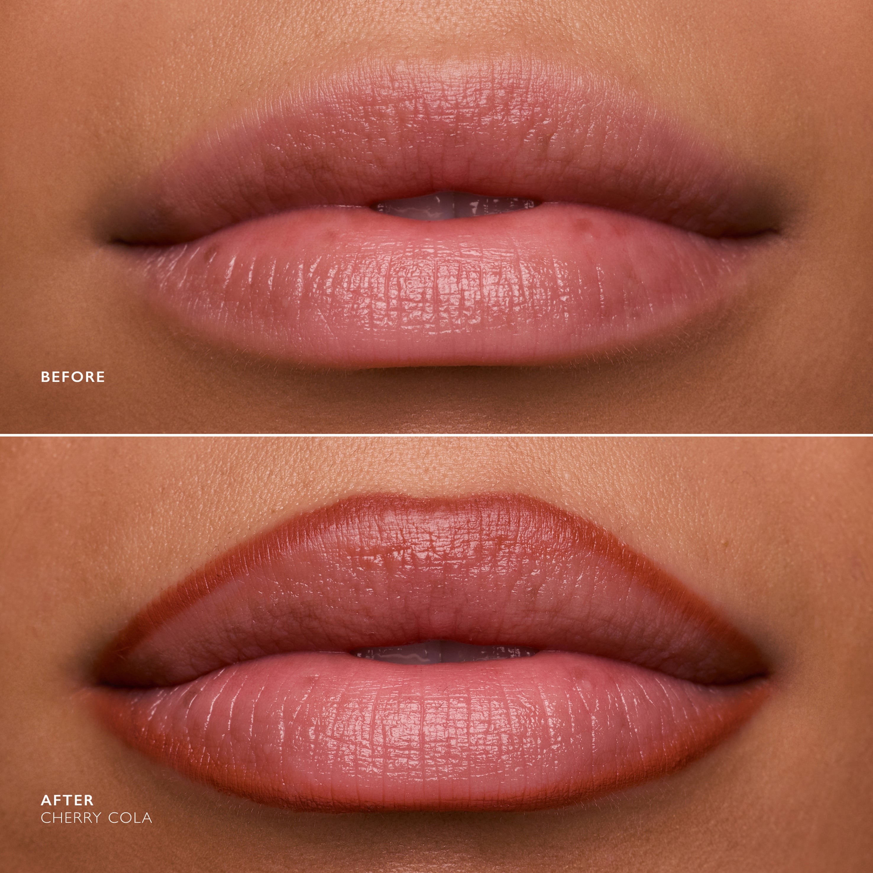 Before and after comparison of lips with Cherry Cola lipstick application.