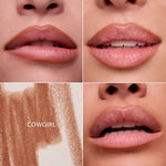 Cowgirl nude lip liner shown overlining lips on three skin tones with swatch.